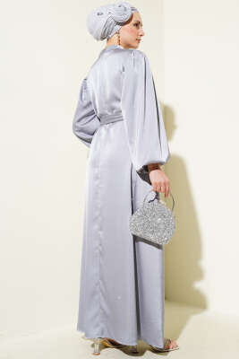 Mini Taşlı Balon Kol Saten Elbise Gri - Tesettür Elbise