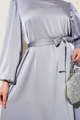 Mini Taşlı Balon Kol Saten Elbise Gri - Tesettür Elbise