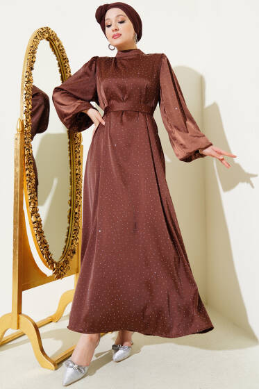 Mini Taşlı Balon Kol Saten Elbise Kahve - Elbise