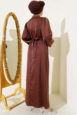 Mini Taşlı Balon Kol Saten Elbise Kahve - Tesettür Elbise