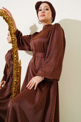Mini Taşlı Balon Kol Saten Elbise Kahve - Tesettür Elbise