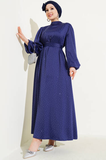 Mini Taşlı Balon Kol Saten Elbise Lacivert - Elbise