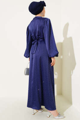 Mini Taşlı Balon Kol Saten Elbise Lacivert - Tesettür Elbise
