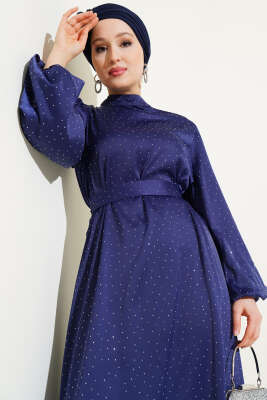 Mini Taşlı Balon Kol Saten Elbise Lacivert - Tesettür Elbise