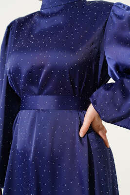 Mini Taşlı Balon Kol Saten Elbise Lacivert - Tesettür Elbise