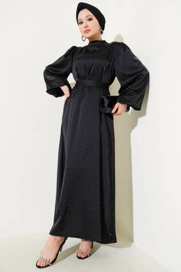 Mini Taşlı Balon Kol Saten Elbise Siyah - Elbise