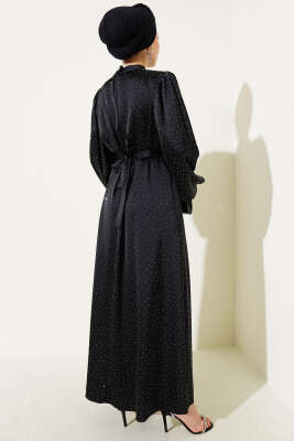 Mini Taşlı Balon Kol Saten Elbise Siyah - Tesettür Elbise