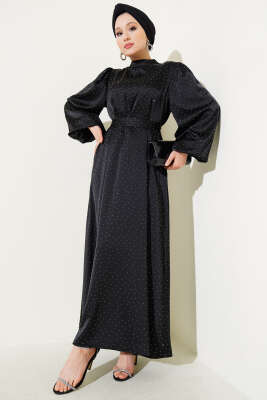 Mini Taşlı Balon Kol Saten Elbise Siyah