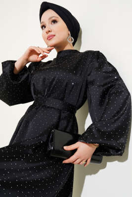 Mini Taşlı Balon Kol Saten Elbise Siyah - Tesettür Elbise