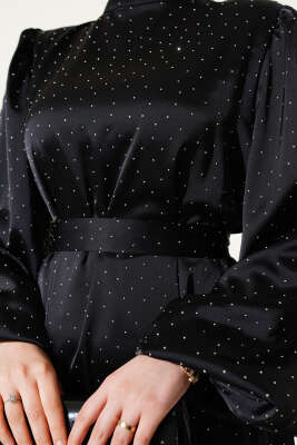 Mini Taşlı Balon Kol Saten Elbise Siyah - Tesettür Elbise