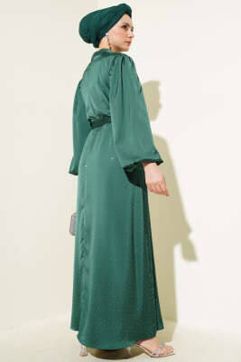 Mini Taşlı Balon Kol Saten Elbise Zümrüt - Tesettür Elbise