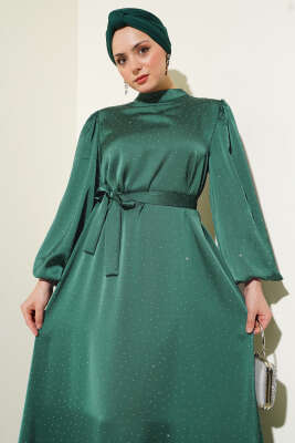 Mini Taşlı Balon Kol Saten Elbise Zümrüt - Tesettür Elbise