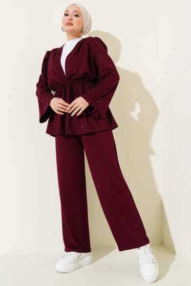 Mini Taşlı Bel Tünelli Loyşa İkili Takım Bordo - İkili Takım