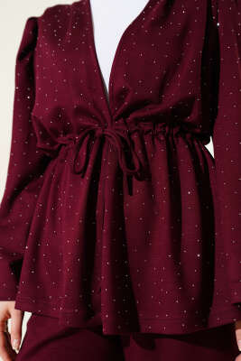 Mini Taşlı Bel Tünelli Loyşa İkili Takım Bordo - İkili Takım