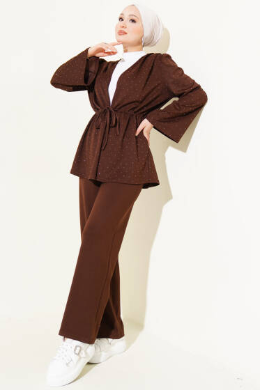 Mini Taşlı Bel Tünelli Loyşa İkili Takım Kahve - İkili Takım