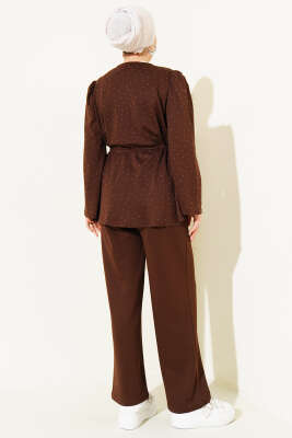 Mini Taşlı Bel Tünelli Loyşa İkili Takım Kahve - İkili Takım