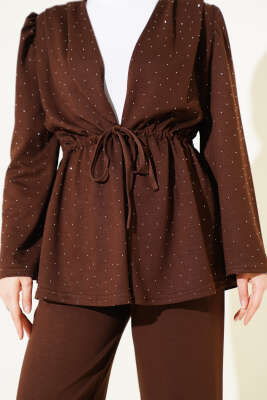 Mini Taşlı Bel Tünelli Loyşa İkili Takım Kahve - İkili Takım