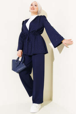Mini Taşlı Bel Tünelli Loyşa İkili Takım Lacivert - VAV TEKSTİL