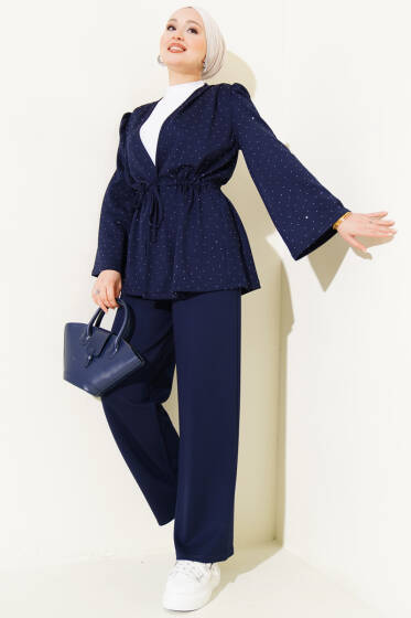 Mini Taşlı Bel Tünelli Loyşa İkili Takım Lacivert - İkili Takım