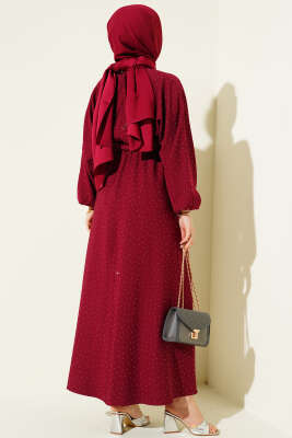 Mini Taşlı Beli Lastikli Elbise Bordo - Elbise