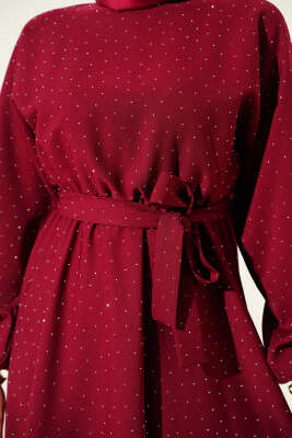 Mini Taşlı Beli Lastikli Elbise Bordo - Elbise
