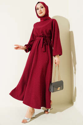 Mini Taşlı Beli Lastikli Elbise Bordo - DENİZ LIFE