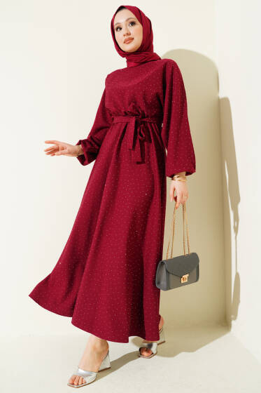 Mini Taşlı Beli Lastikli Elbise Bordo - Elbise