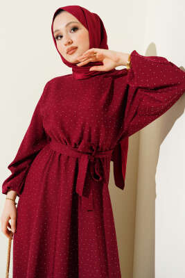 Mini Taşlı Beli Lastikli Elbise Bordo - Elbise