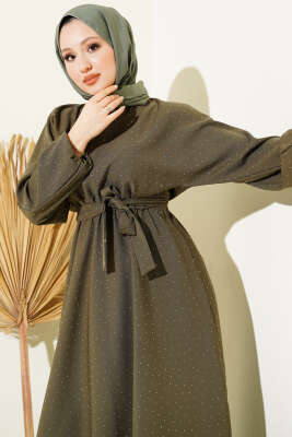 Mini Taşlı Beli Lastikli Elbise Haki - DENİZ LIFE