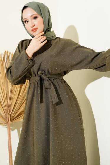 Mini Taşlı Beli Lastikli Elbise Haki - Elbise