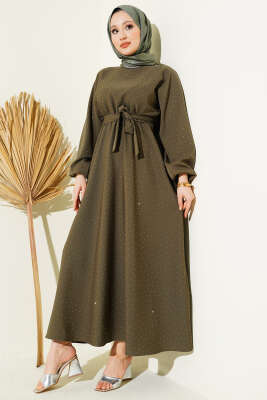 Mini Taşlı Beli Lastikli Elbise Haki - Elbise