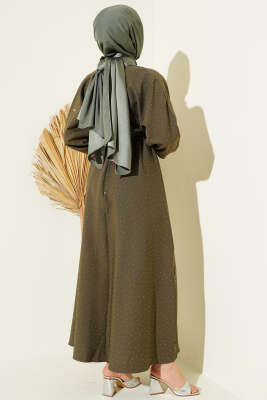 Mini Taşlı Beli Lastikli Elbise Haki - Elbise