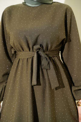 Mini Taşlı Beli Lastikli Elbise Haki - Elbise