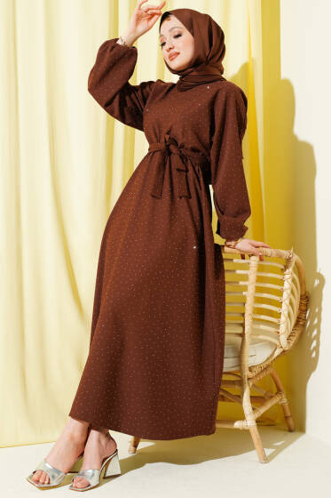 Mini Taşlı Beli Lastikli Elbise Kahve - Elbise