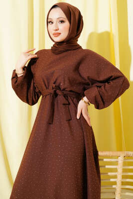 Mini Taşlı Beli Lastikli Elbise Kahve - Elbise