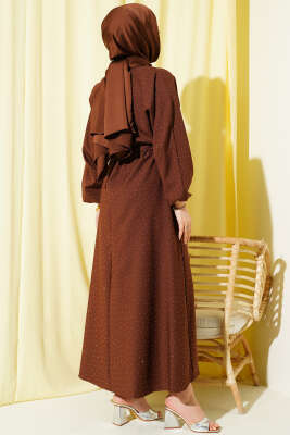 Mini Taşlı Beli Lastikli Elbise Kahve - Elbise