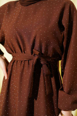 Mini Taşlı Beli Lastikli Elbise Kahve - Elbise