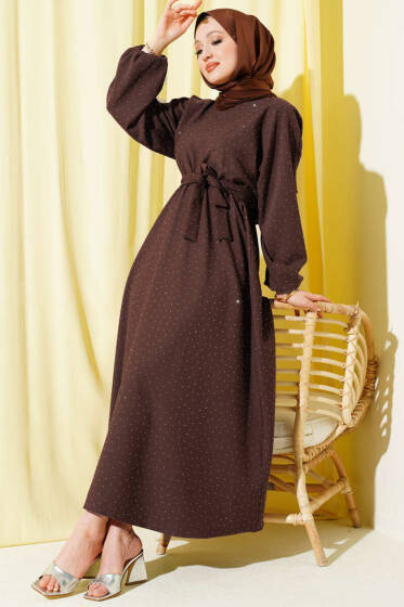 Mini Taşlı Beli Lastikli Elbise Kahve - Elbise