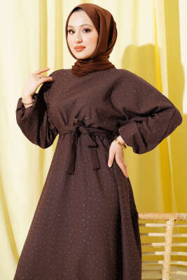 Mini Taşlı Beli Lastikli Elbise Kahve - Elbise