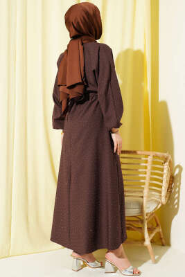 Mini Taşlı Beli Lastikli Elbise Kahve - Elbise