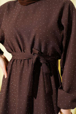 Mini Taşlı Beli Lastikli Elbise Kahve - Elbise