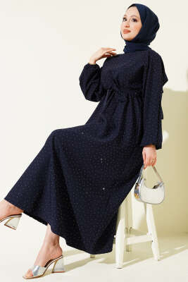 Mini Taşlı Beli Lastikli Elbise Lacivert - DENİZ LIFE