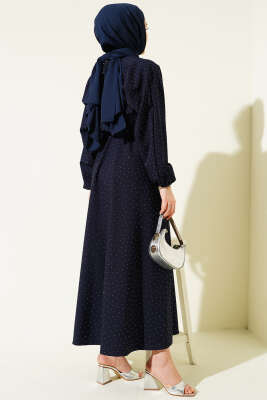 Mini Taşlı Beli Lastikli Elbise Lacivert - Elbise