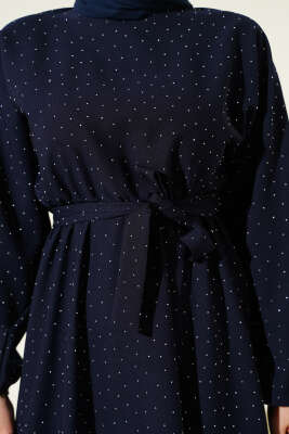 Mini Taşlı Beli Lastikli Elbise Lacivert - Elbise