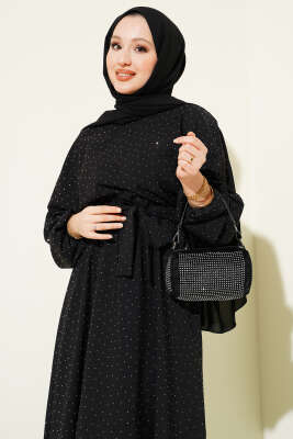 Mini Taşlı Beli Lastikli Elbise Siyah - Elbise