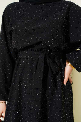 Mini Taşlı Beli Lastikli Elbise Siyah - Elbise