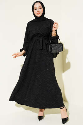 Mini Taşlı Beli Lastikli Elbise Siyah - DENİZ LIFE