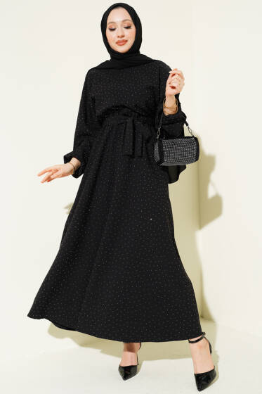 Mini Taşlı Beli Lastikli Elbise Siyah - Elbise