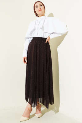 Mini Taşlı Beli Lastikli Etek Kahve - Etek