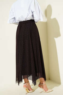 Mini Taşlı Beli Lastikli Etek Kahve - Etek